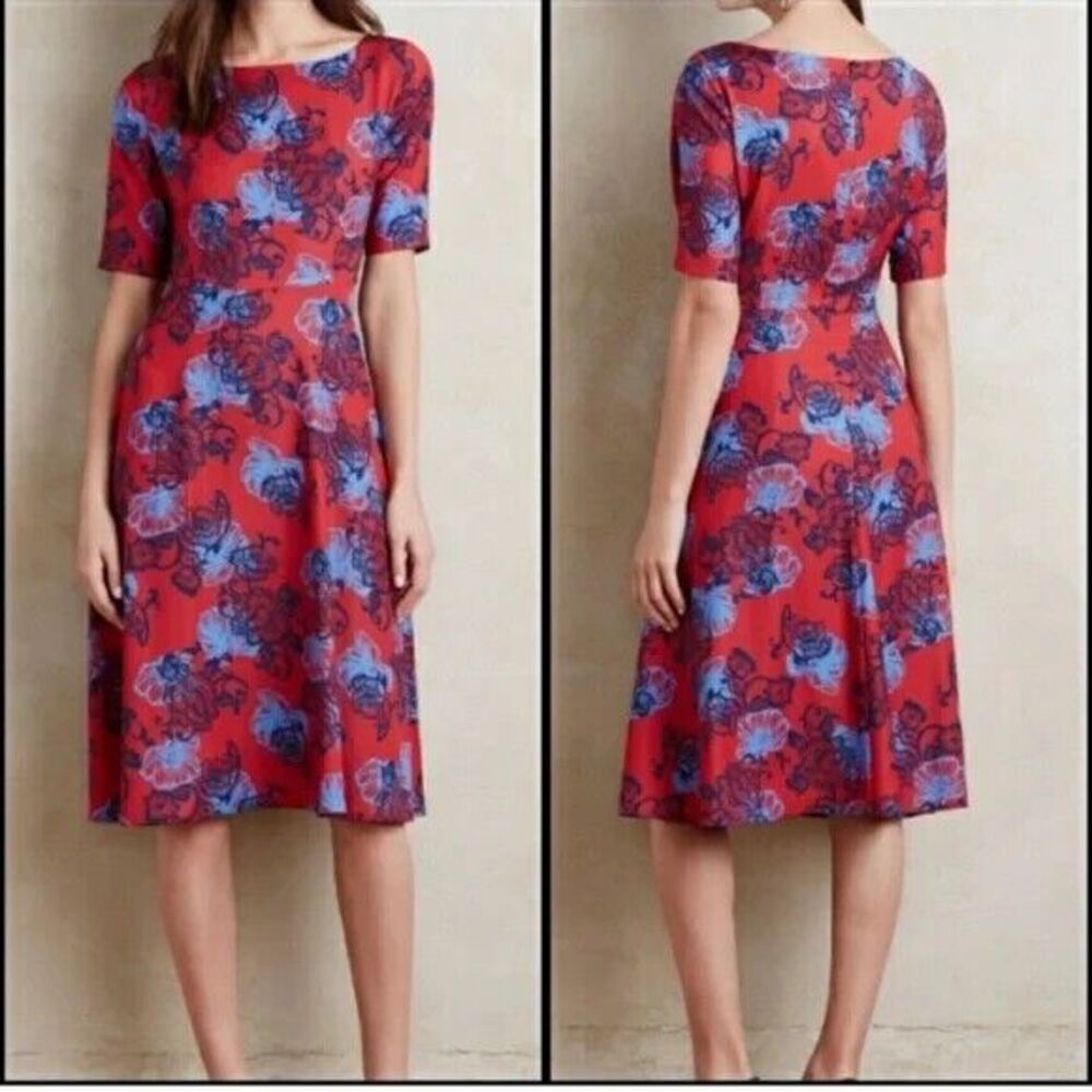 Anthropologie HD in Paris Womens Theodora Floral Midi Dress Size 10 Red Multi